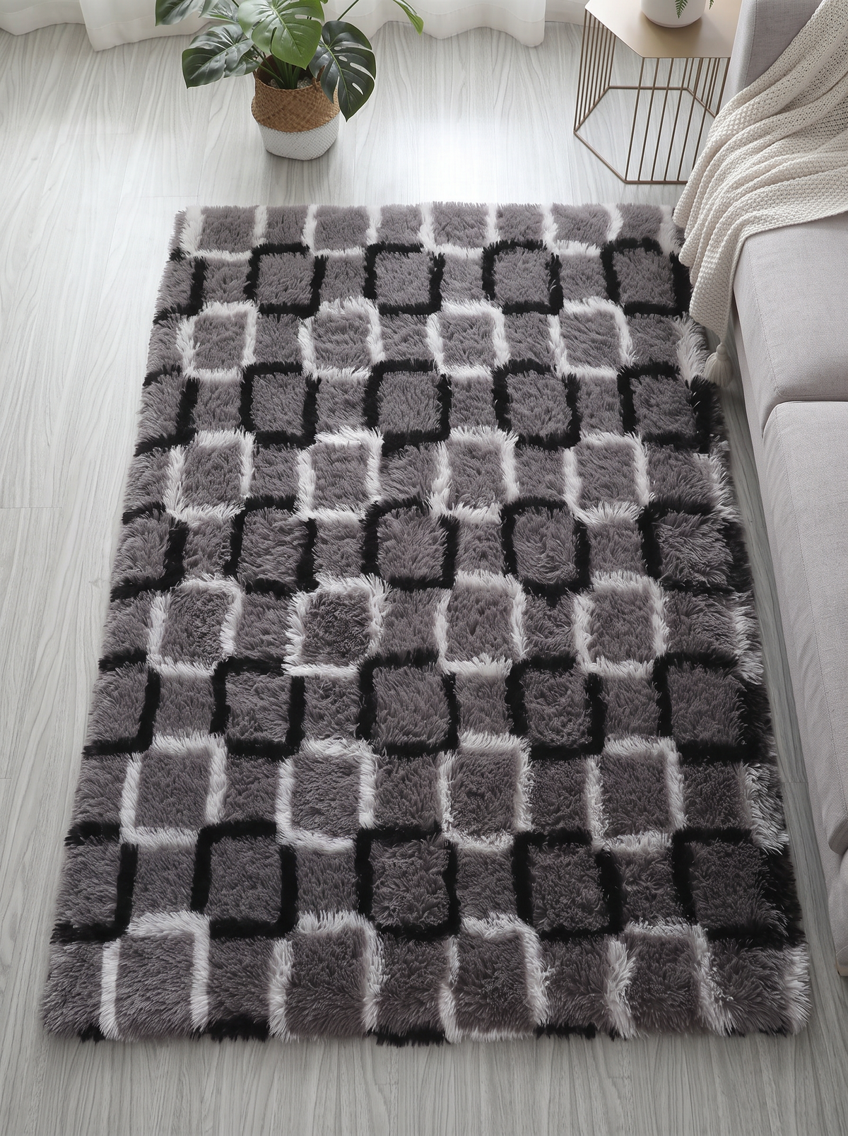 Fluffy Shag Living Room Rug - Cube - 100x200cm