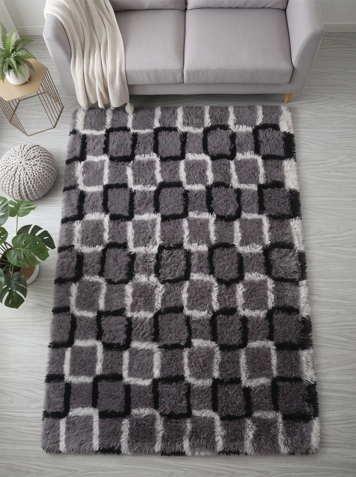 Fluffy Shag Living Room Rug - Cube - 100x160cm