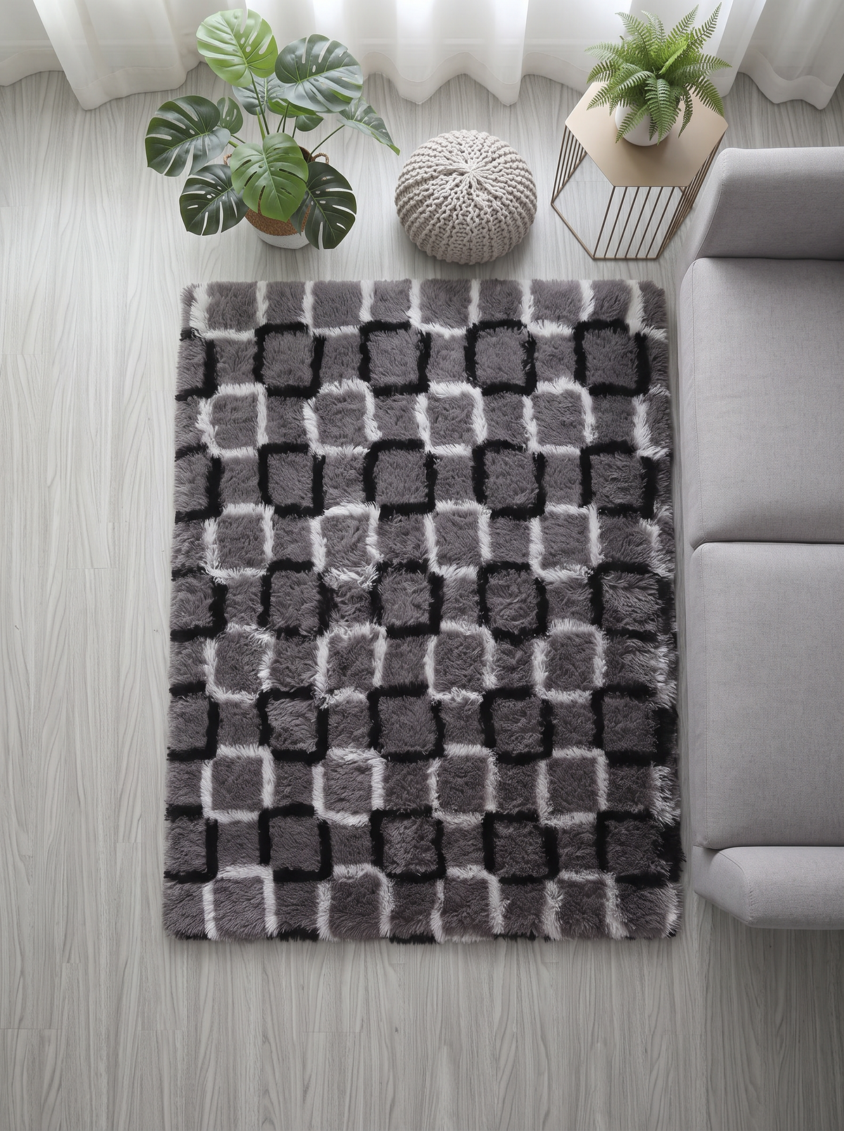 Fluffy Shag Living Room Rug - Cube - 120x160cm